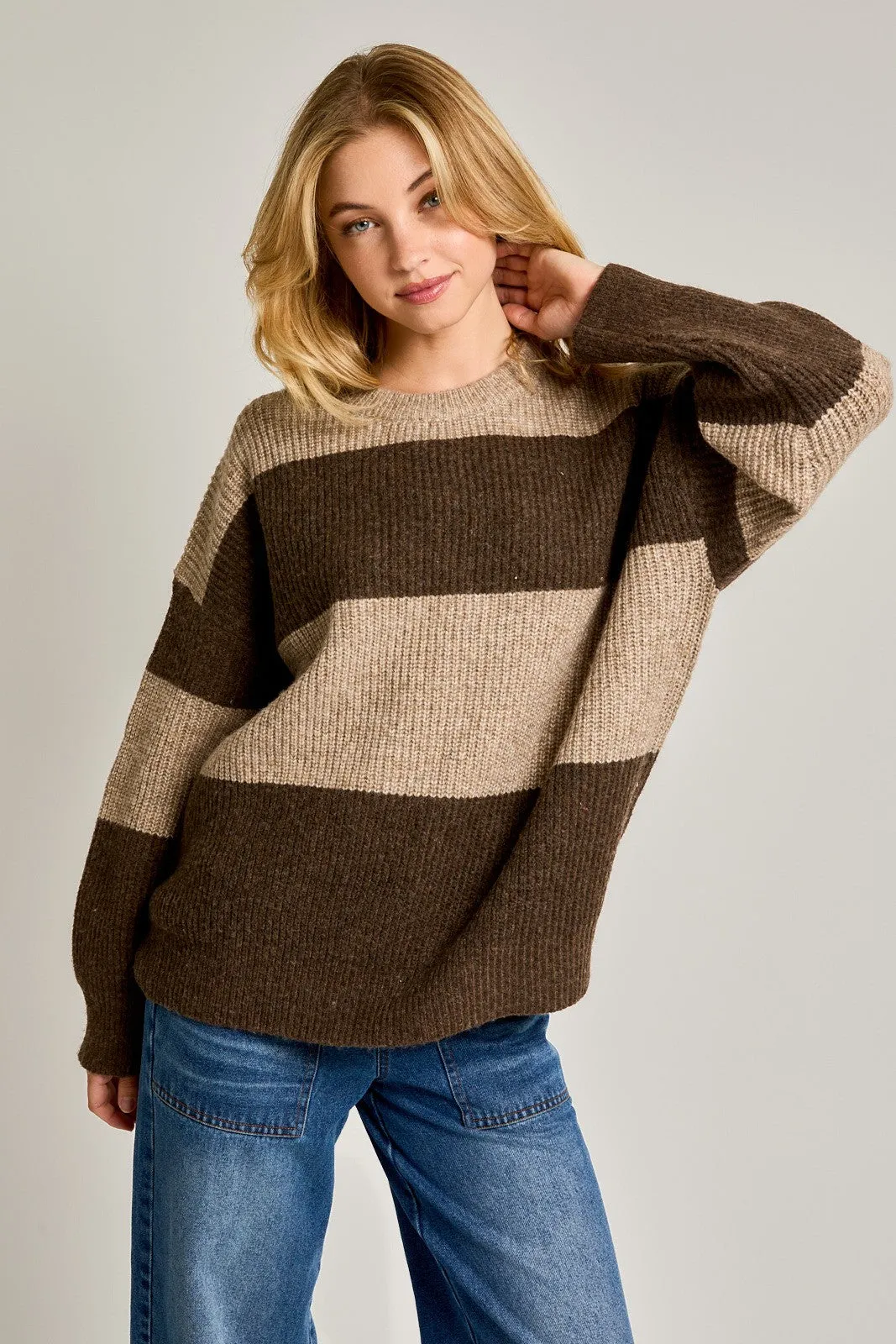 "November Sunday" Brown Striped Oversized Sweater