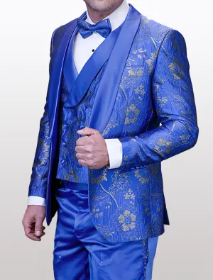 Statement Men's Royal Blue Patterned Vested Tuxedo with Bowtie