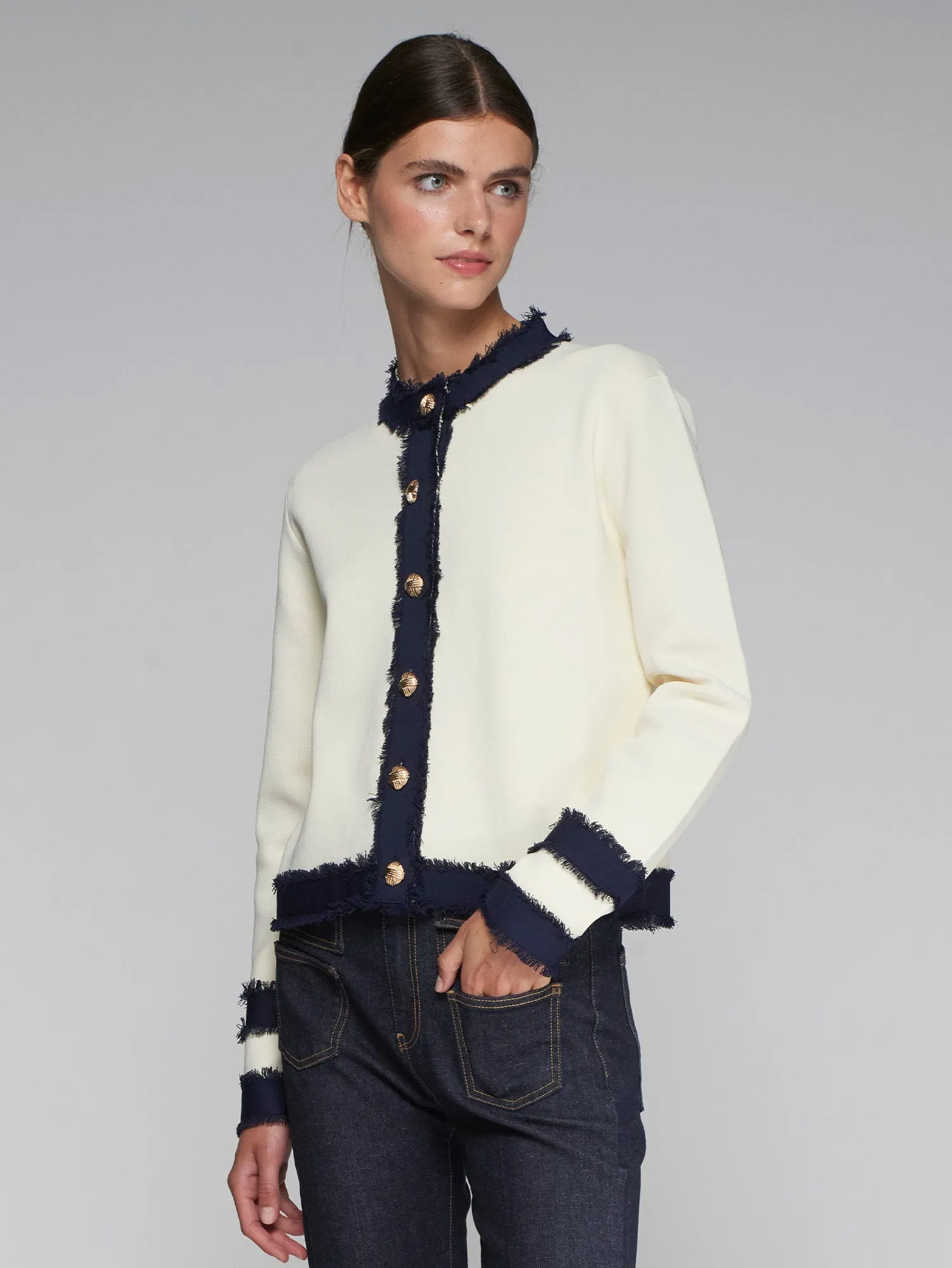 Vilagallo Cream Cardigan With Contrasting Navy Frayed Trim