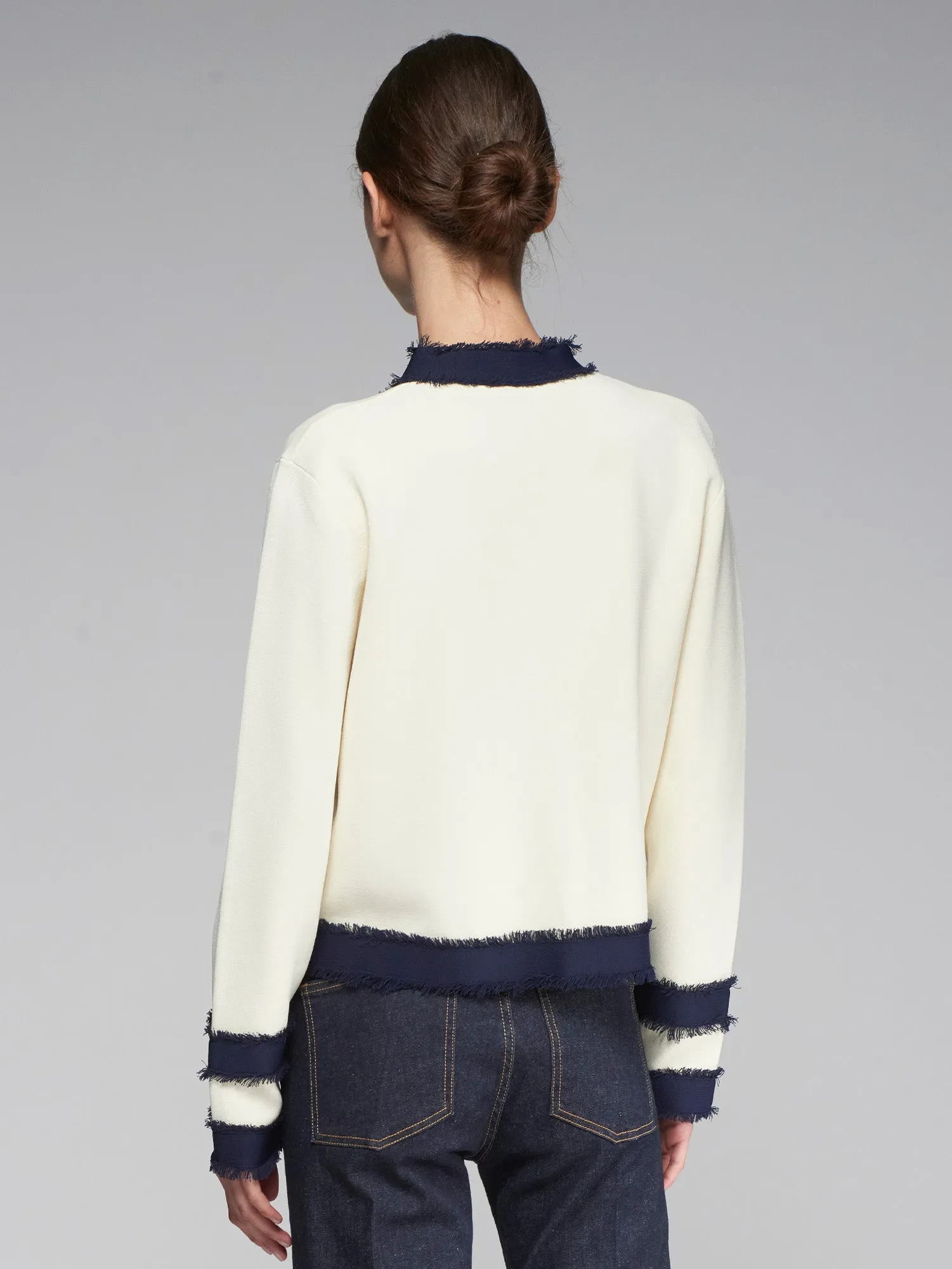 Vilagallo Cream Cardigan With Contrasting Navy Frayed Trim