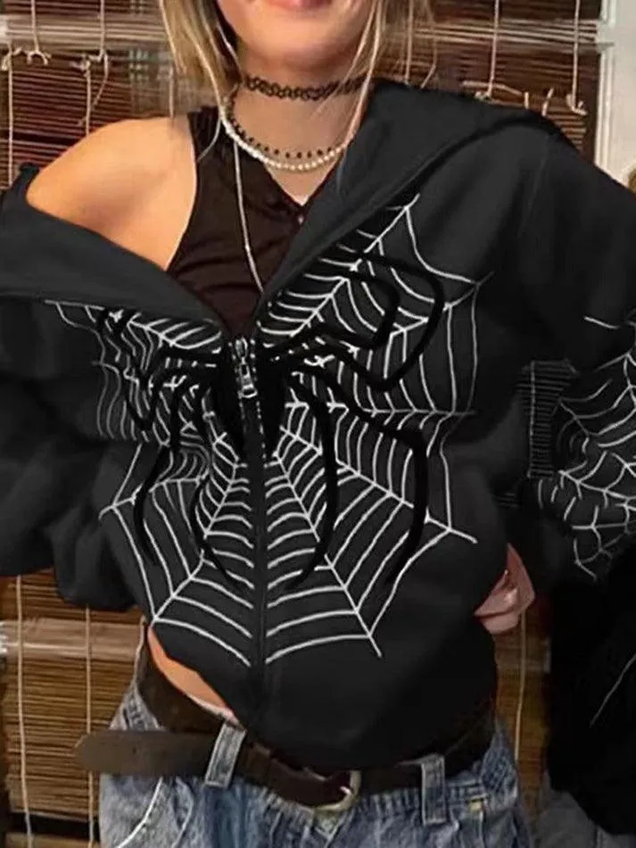 Wenkouban-Spring Casual Outfits Y2K Outfits Spider Print Zip-Up Hoodie