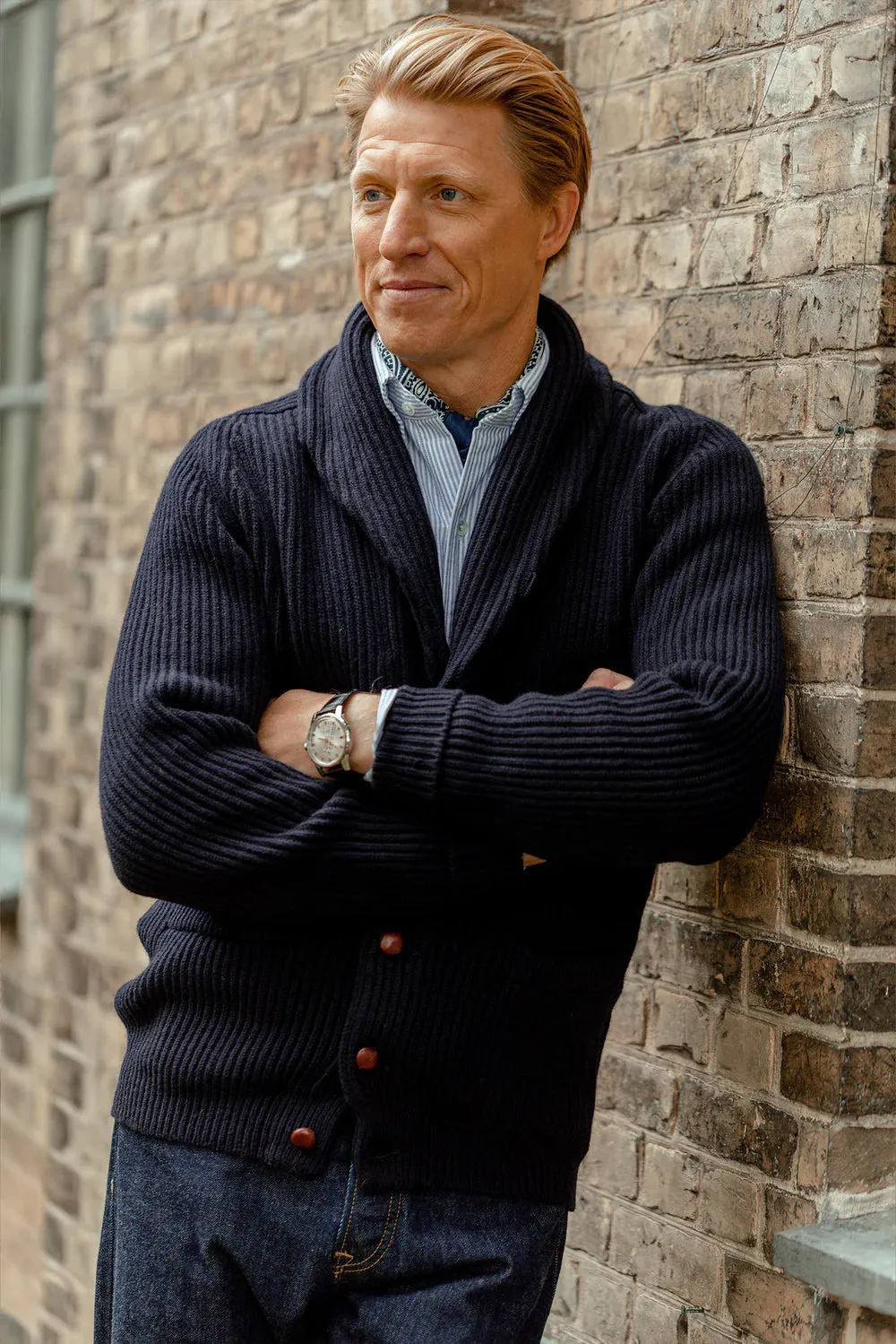 William Lockie x Julian's Navy Cashmere Chunky Shawl Cardigan