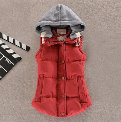 Women Vest Winter Coat Casual Pocket Hooded Waistcoat Sleeveless Jacket