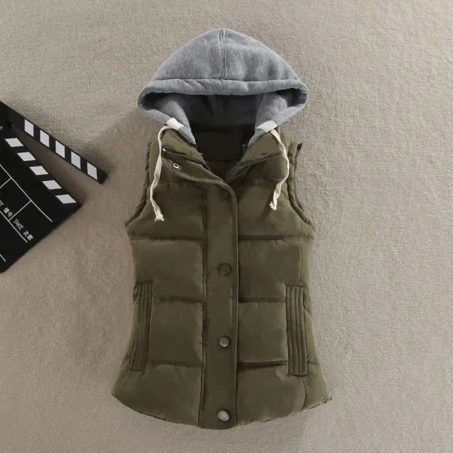 Women Vest Winter Coat Casual Pocket Hooded Waistcoat Sleeveless Jacket