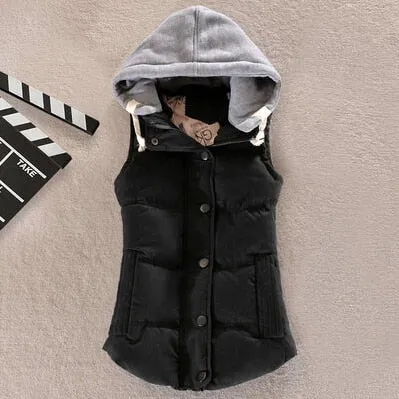 Women Vest Winter Coat Casual Pocket Hooded Waistcoat Sleeveless Jacket