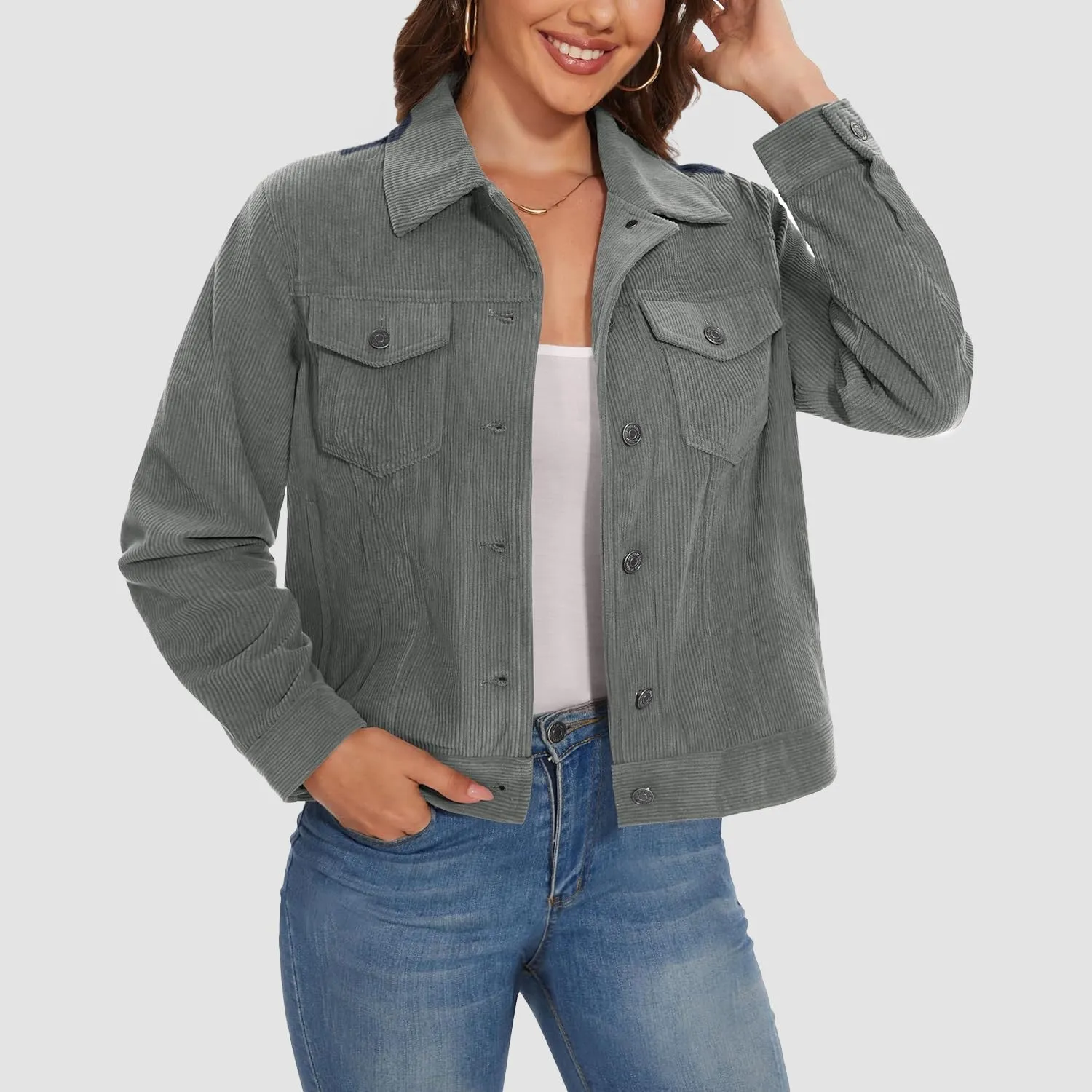 Women's Casual Corduroy Jackets Soft Warm Button Down Shacket Jacket Long Sleeve Fall Outerwear with Pockets