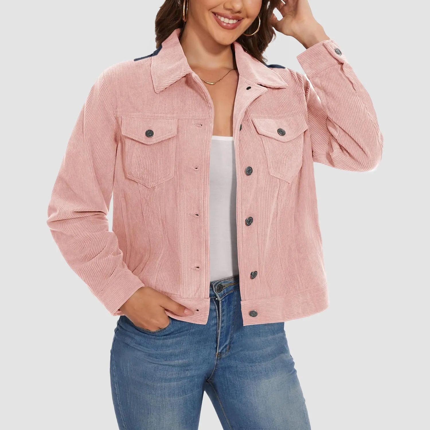 Women's Casual Corduroy Jackets Soft Warm Button Down Shacket Jacket Long Sleeve Fall Outerwear with Pockets