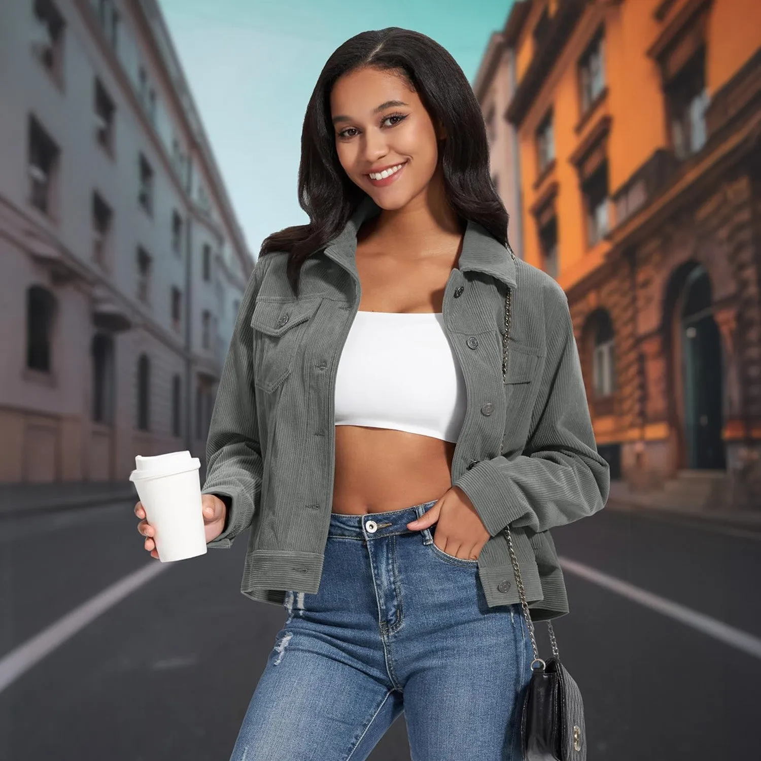 Women's Casual Corduroy Jackets Soft Warm Button Down Shacket Jacket Long Sleeve Fall Outerwear with Pockets