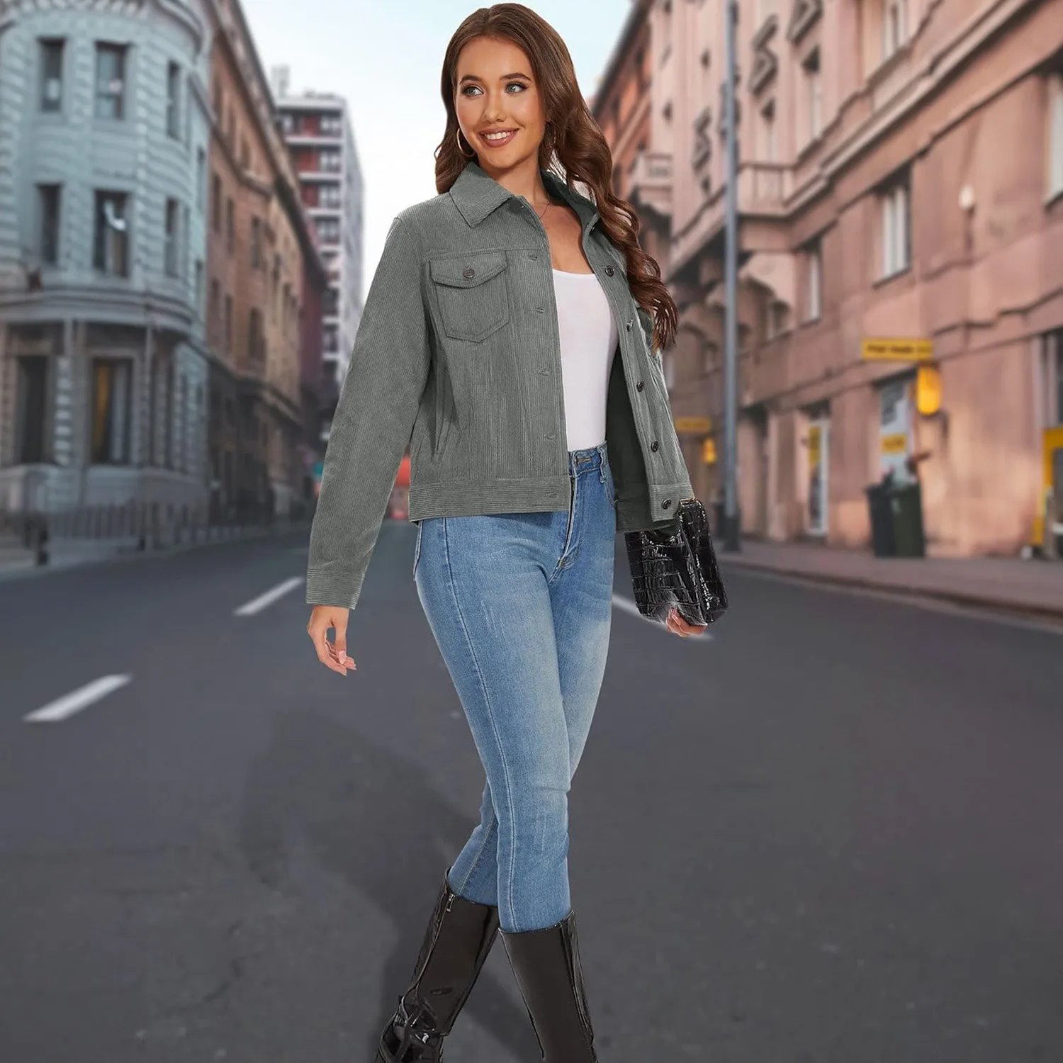Women's Casual Corduroy Jackets Soft Warm Button Down Shacket Jacket Long Sleeve Fall Outerwear with Pockets