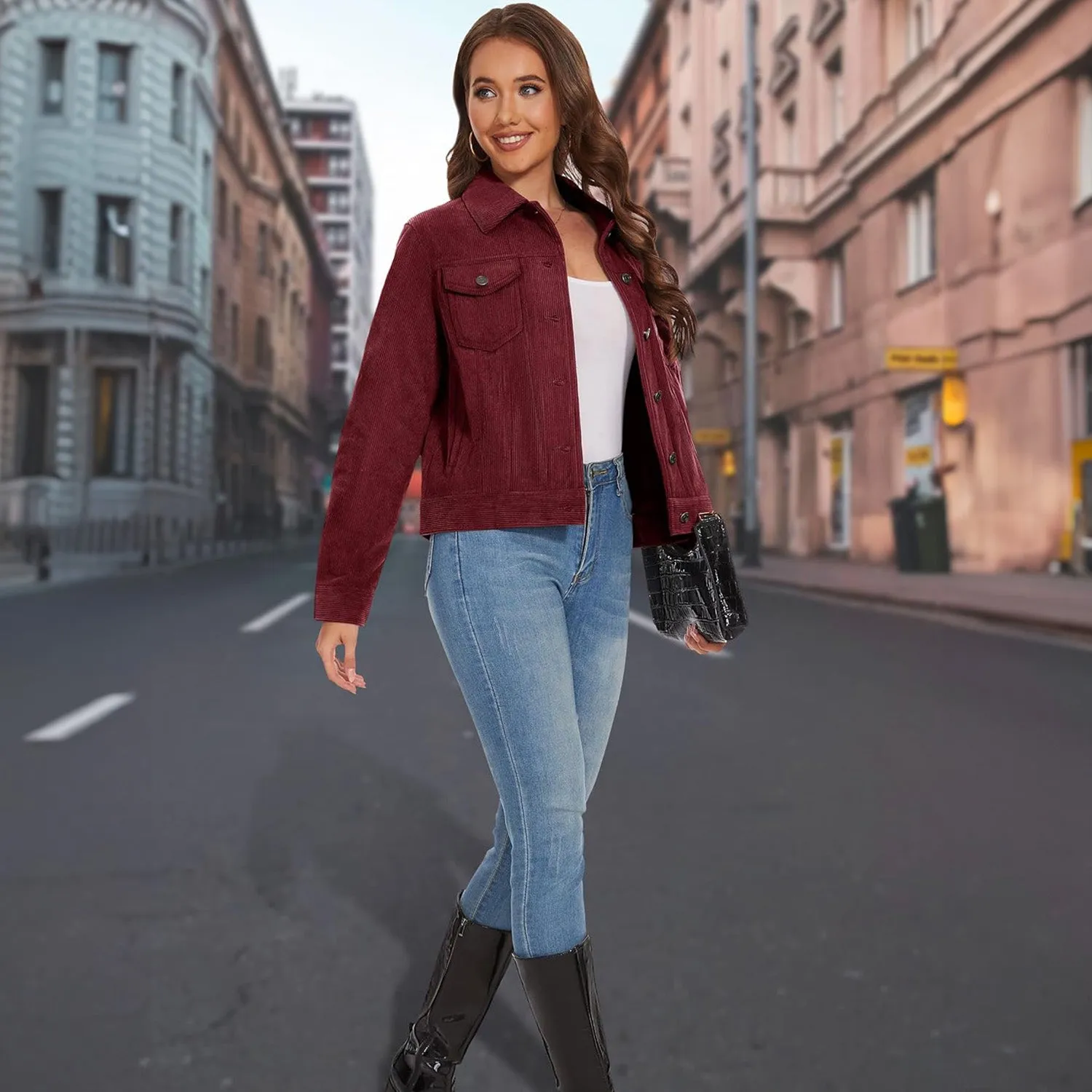 Women's Casual Corduroy Jackets Soft Warm Button Down Shacket Jacket Long Sleeve Fall Outerwear with Pockets