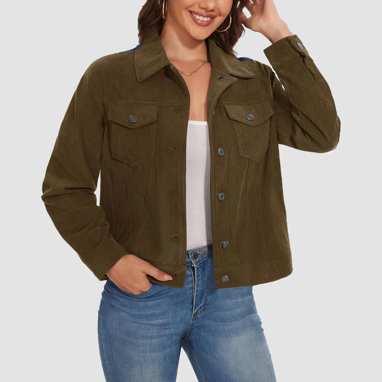 Women's Casual Corduroy Jackets Soft Warm Button Down Shacket Jacket Long Sleeve Fall Outerwear with Pockets