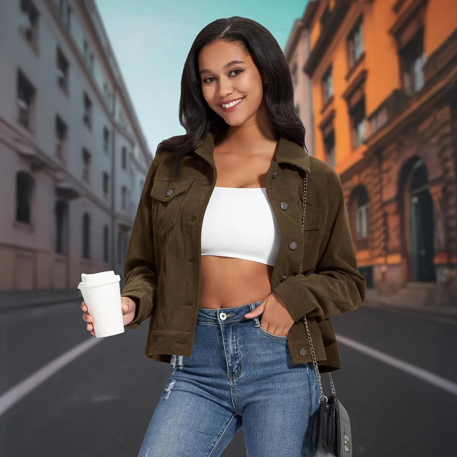 Women's Casual Corduroy Jackets Soft Warm Button Down Shacket Jacket Long Sleeve Fall Outerwear with Pockets