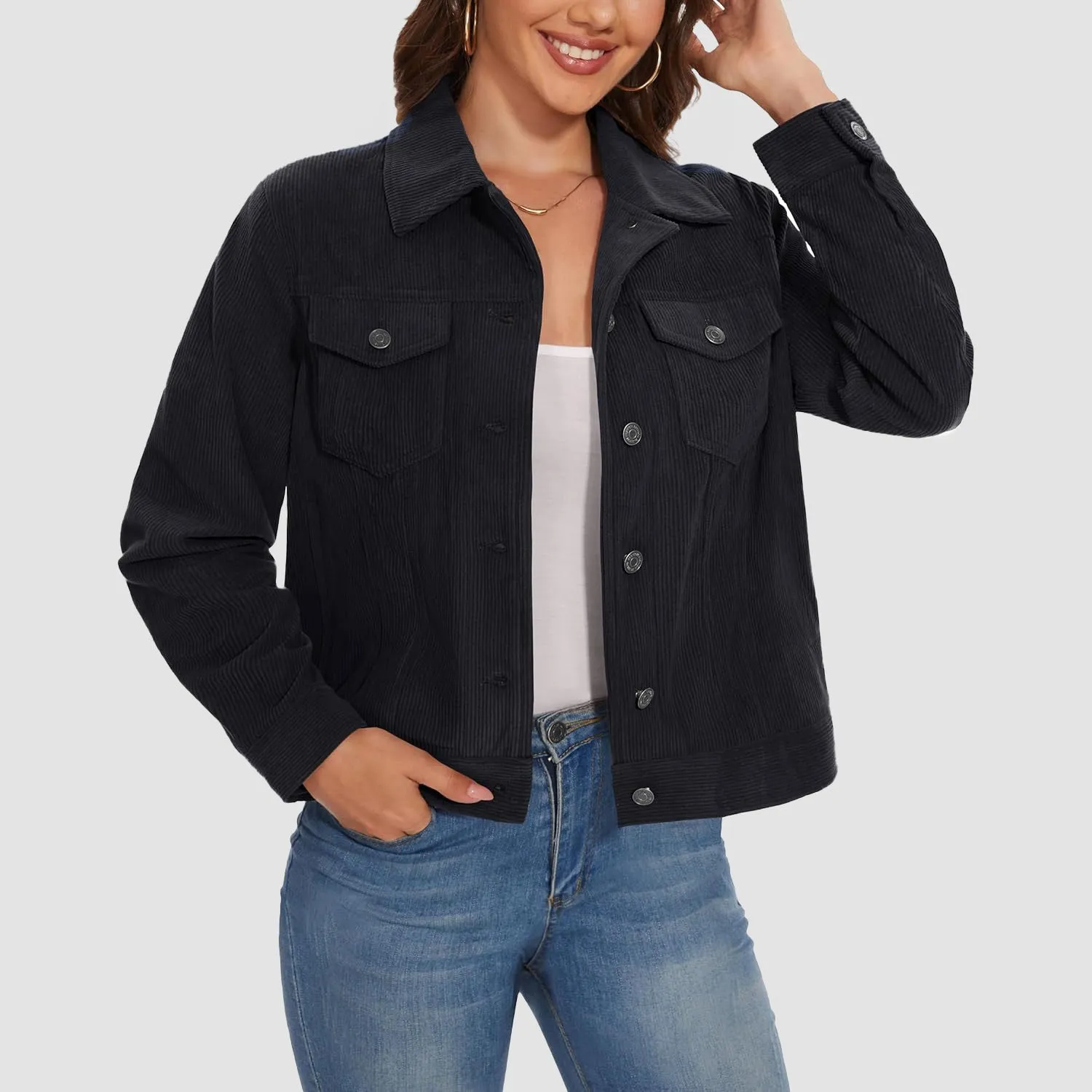 Women's Casual Corduroy Jackets Soft Warm Button Down Shacket Jacket Long Sleeve Fall Outerwear with Pockets