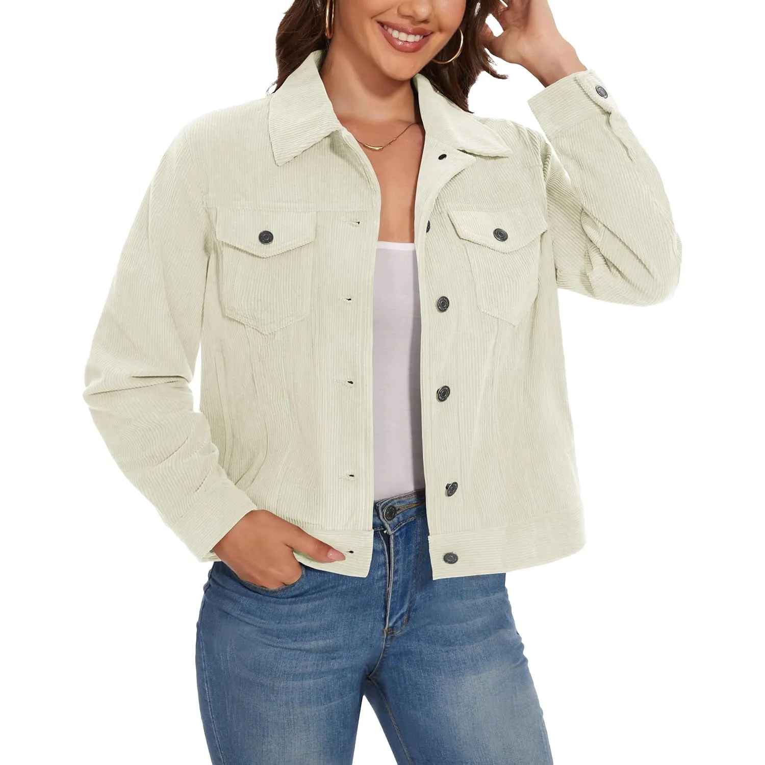 Women's Casual Corduroy Jackets Soft Warm Button Down Shacket Jacket Long Sleeve Fall Outerwear with Pockets