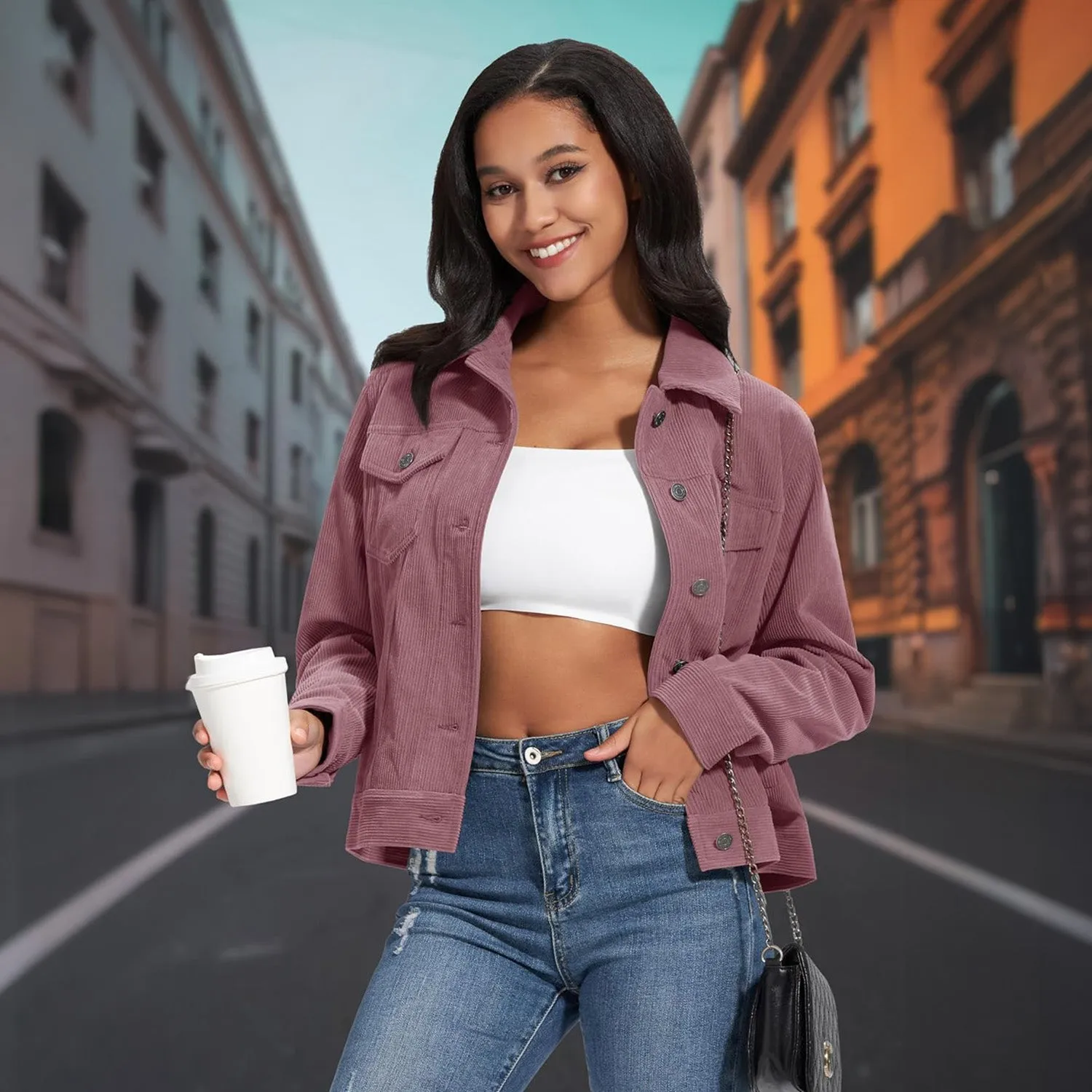 Women's Casual Corduroy Jackets Soft Warm Button Down Shacket Jacket Long Sleeve Fall Outerwear with Pockets