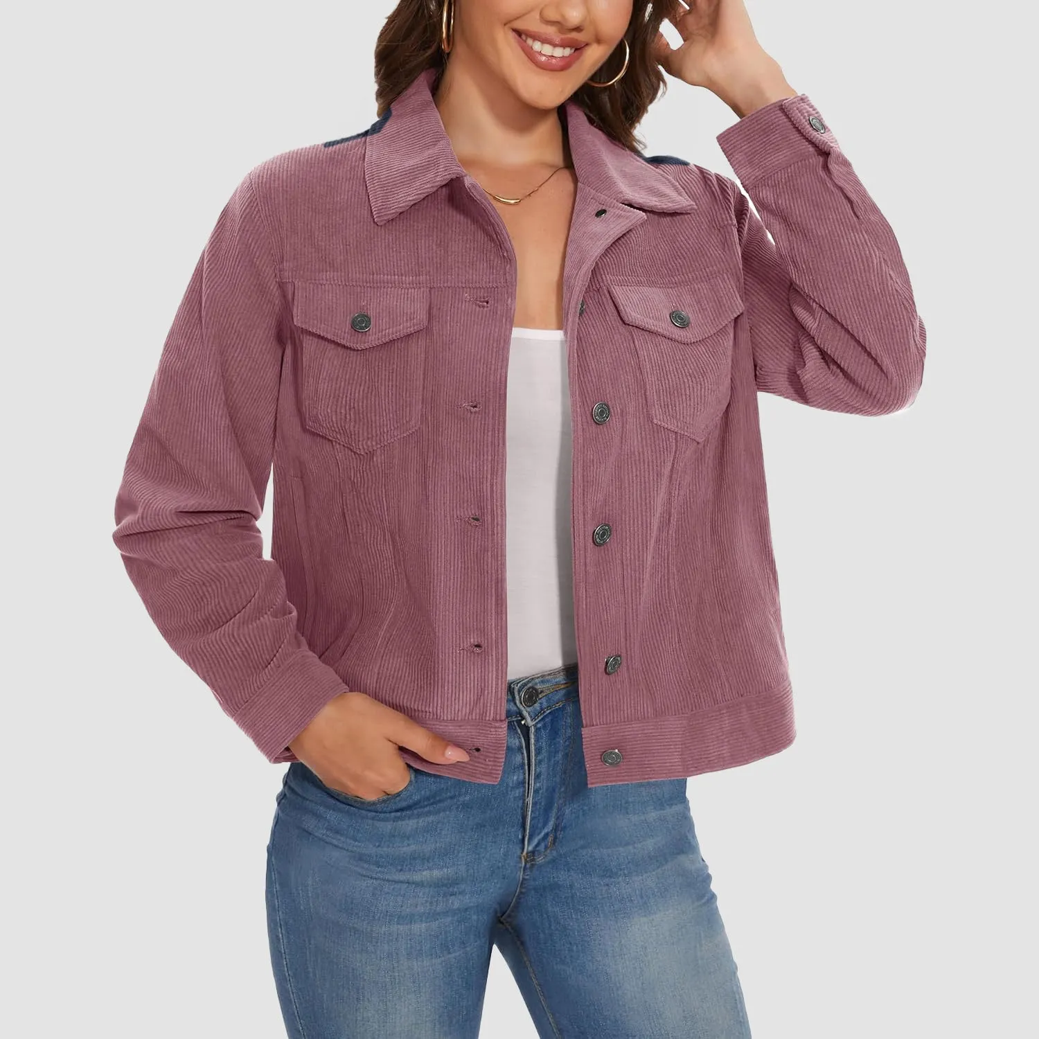 Women's Casual Corduroy Jackets Soft Warm Button Down Shacket Jacket Long Sleeve Fall Outerwear with Pockets