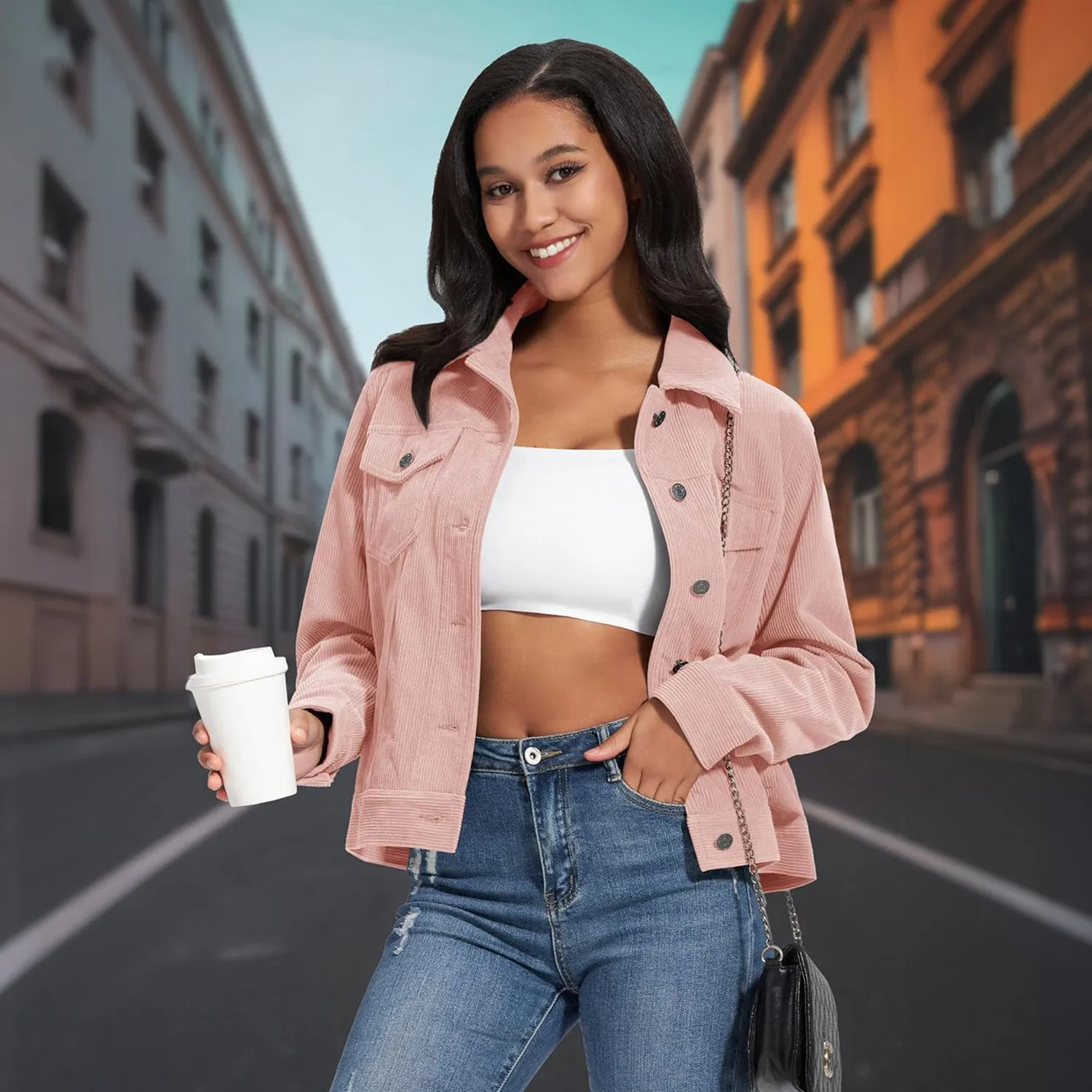Women's Casual Corduroy Jackets Soft Warm Button Down Shacket Jacket Long Sleeve Fall Outerwear with Pockets