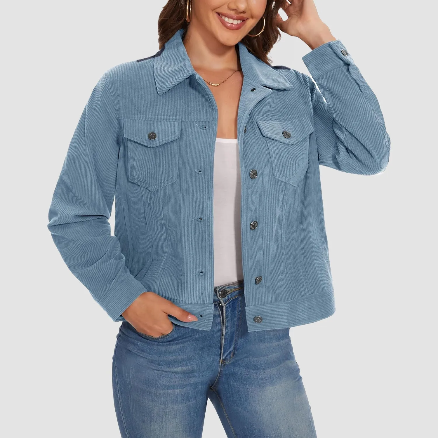 Women's Casual Corduroy Jackets Soft Warm Button Down Shacket Jacket Long Sleeve Fall Outerwear with Pockets