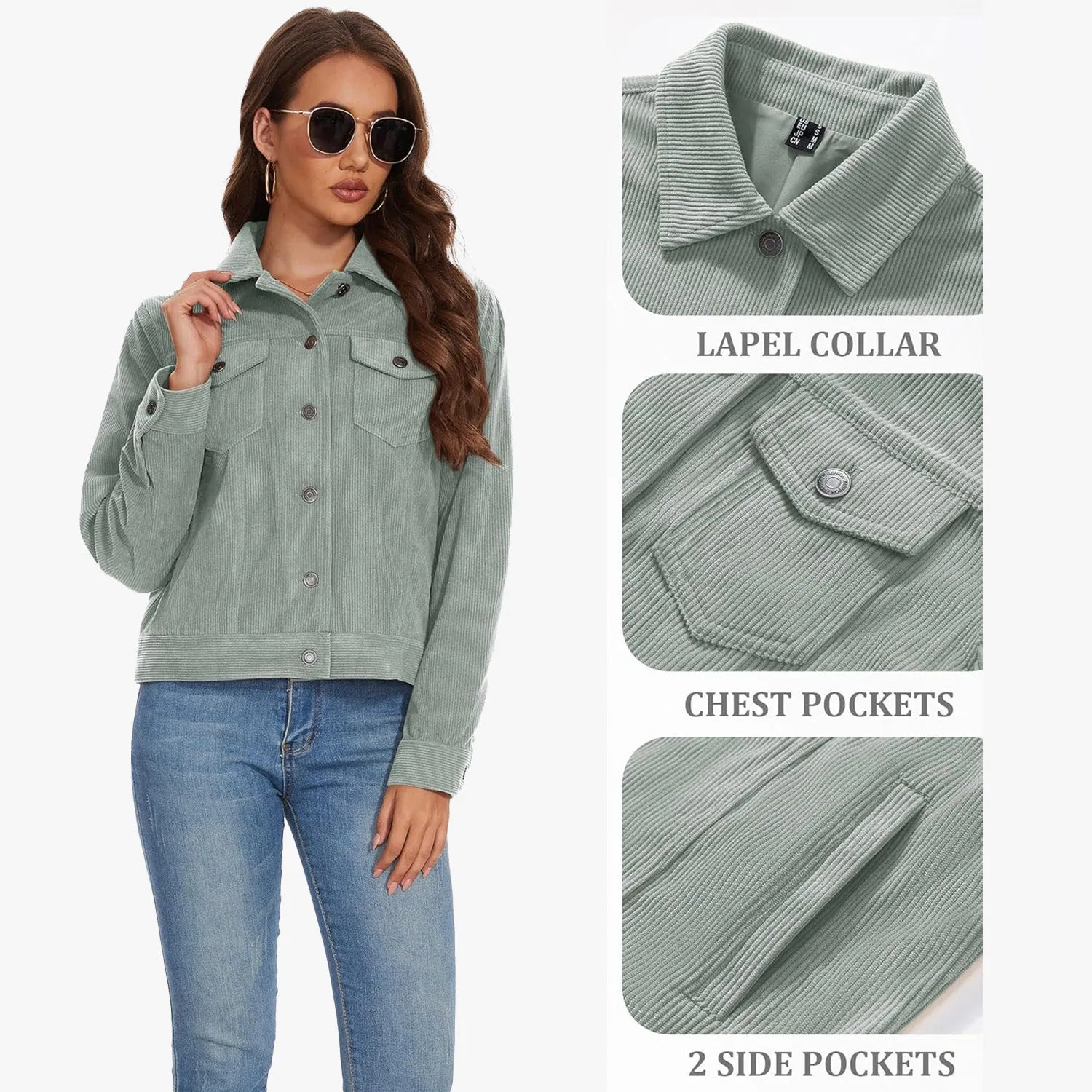 Women's Casual Corduroy Jackets Soft Warm Button Down Shacket Jacket Long Sleeve Fall Outerwear with Pockets
