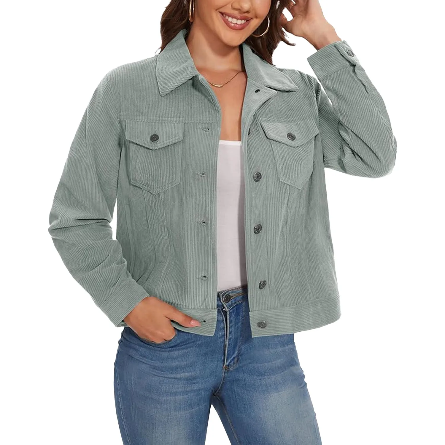 Women's Casual Corduroy Jackets Soft Warm Button Down Shacket Jacket Long Sleeve Fall Outerwear with Pockets