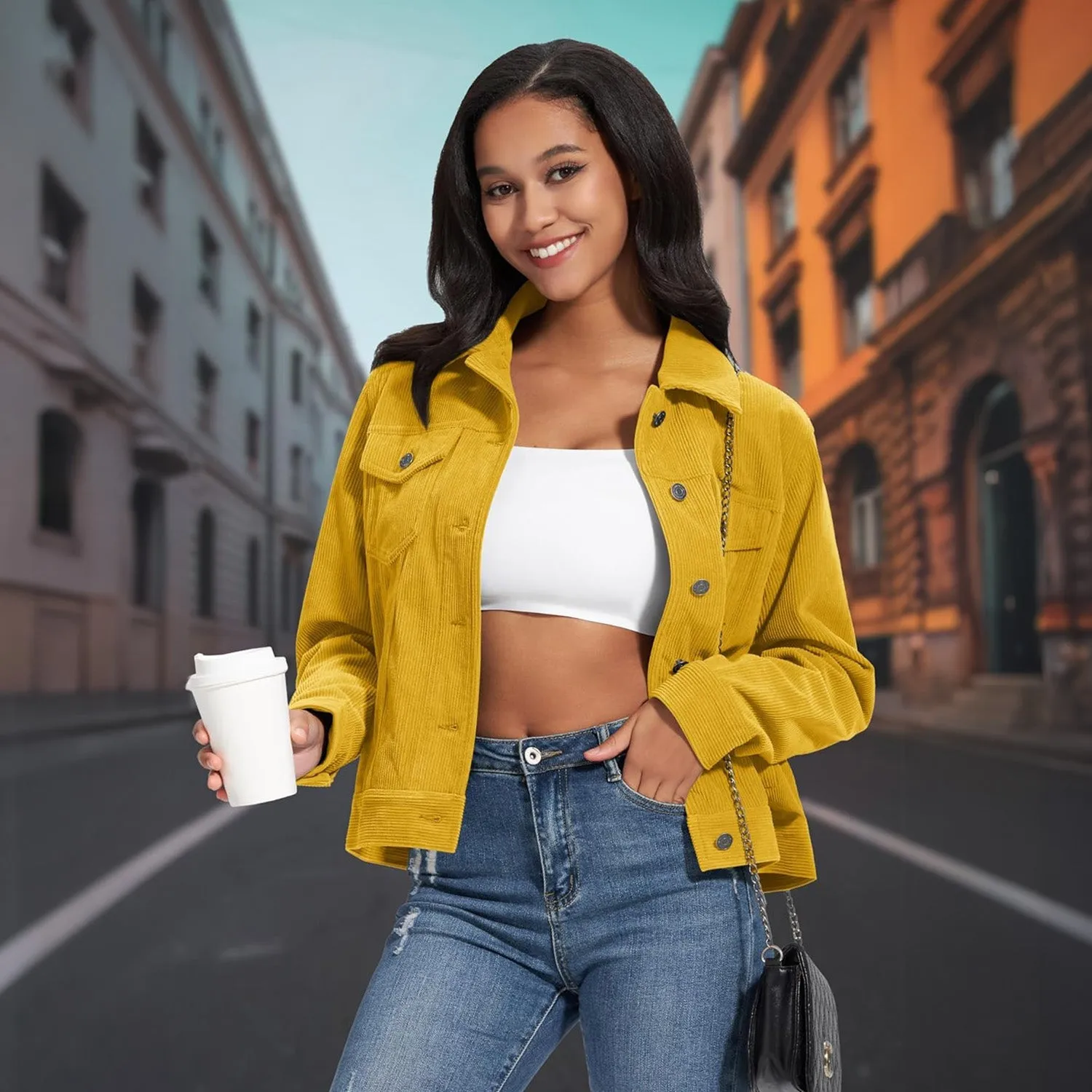 Women's Casual Corduroy Jackets Soft Warm Button Down Shacket Jacket Long Sleeve Fall Outerwear with Pockets