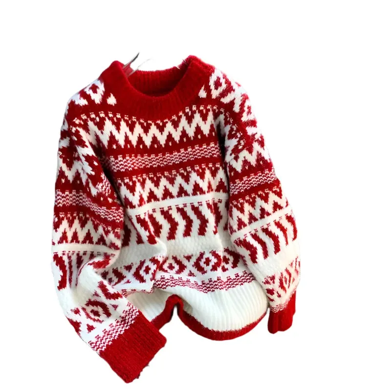 Women's Red Christmas Sweater - Thickened Retro Loose Fit Outerwear, Stylish and Cozy for Autumn Winter