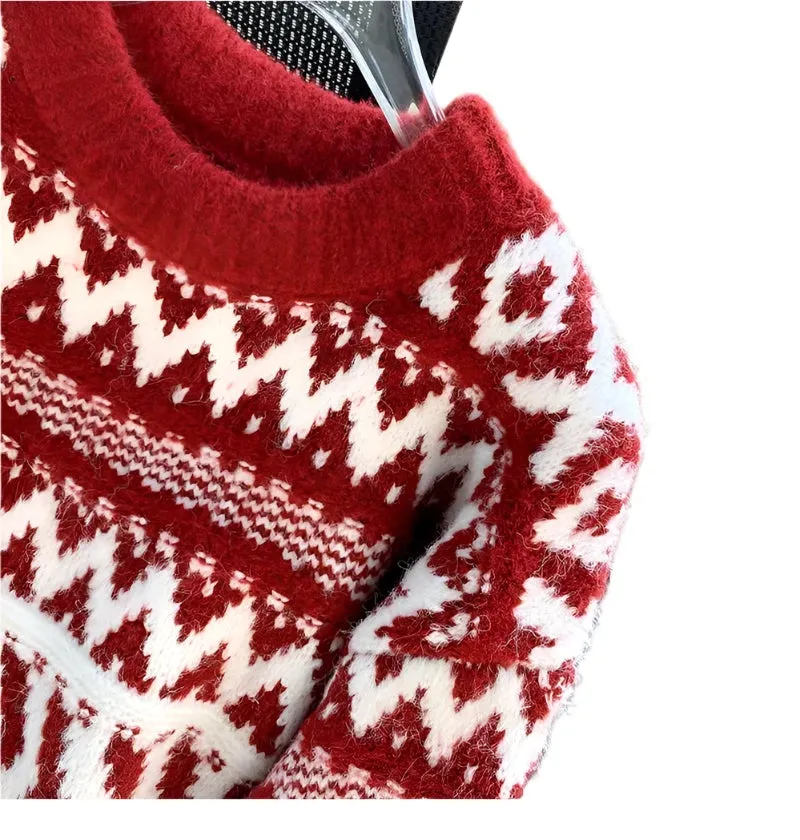 Women's Red Christmas Sweater - Thickened Retro Loose Fit Outerwear, Stylish and Cozy for Autumn Winter
