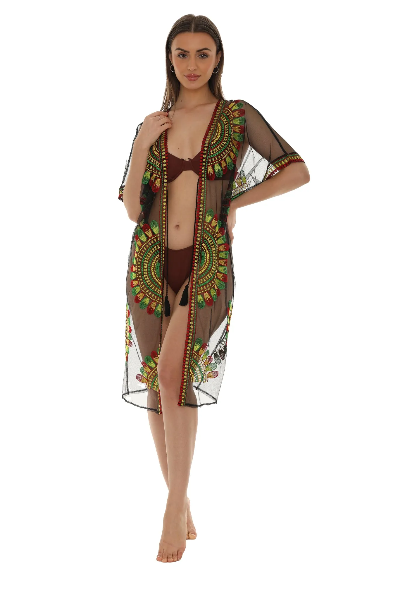 Women’s Sheer Mesh Floral Rasta Embroidered Long Beach Duster