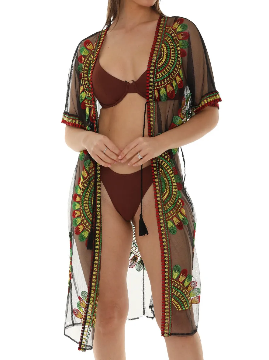 Women’s Sheer Mesh Floral Rasta Embroidered Long Beach Duster