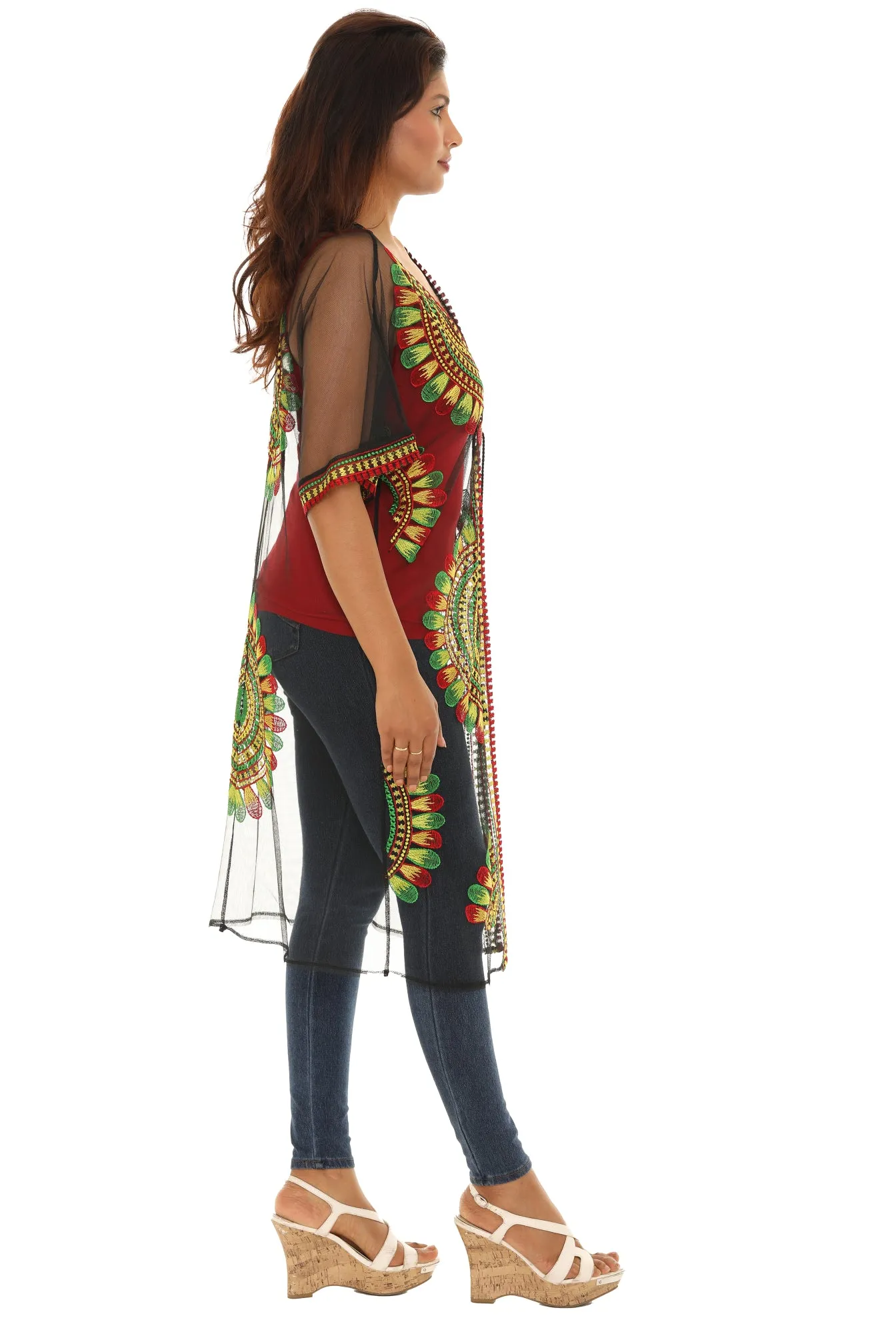 Women’s Sheer Mesh Floral Rasta Embroidered Long Beach Duster