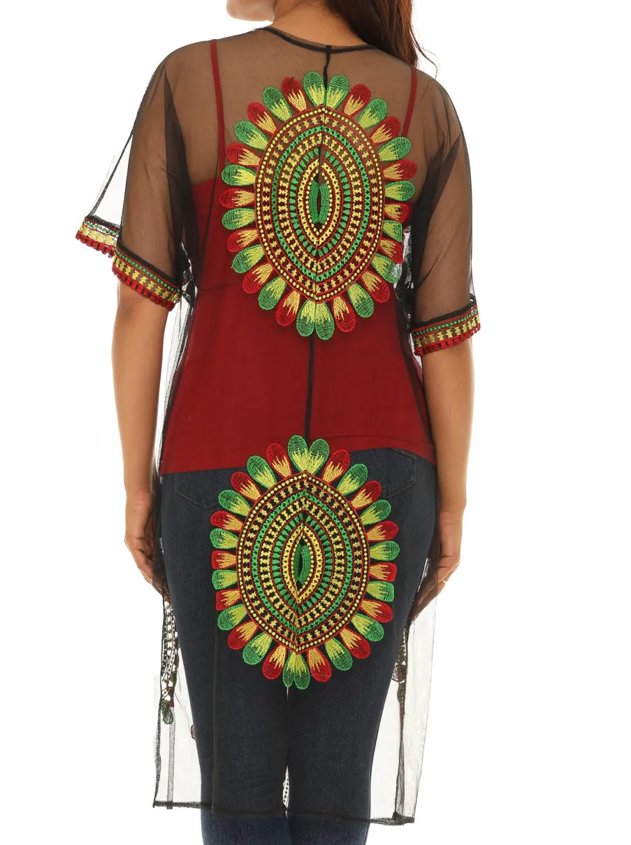 Women’s Sheer Mesh Floral Rasta Embroidered Long Beach Duster