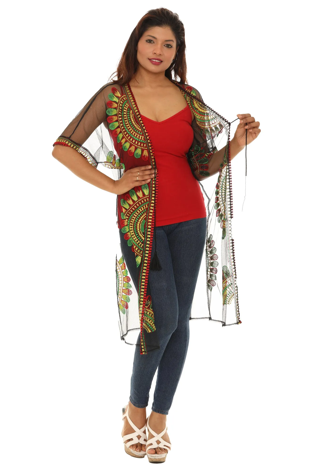 Women’s Sheer Mesh Floral Rasta Embroidered Long Beach Duster