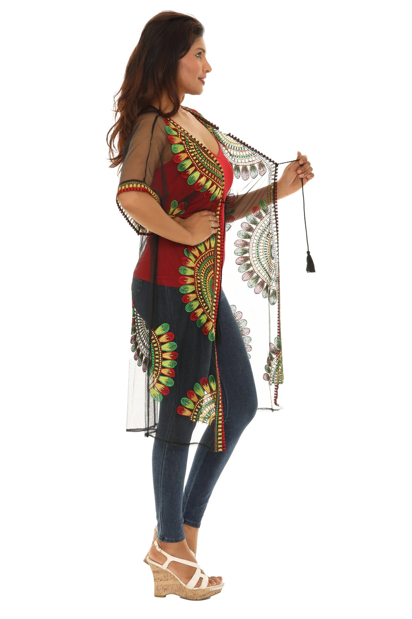 Women’s Sheer Mesh Floral Rasta Embroidered Long Beach Duster