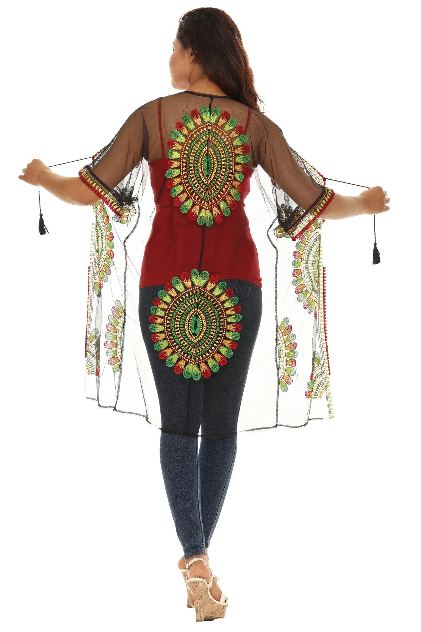 Women’s Sheer Mesh Floral Rasta Embroidered Long Beach Duster