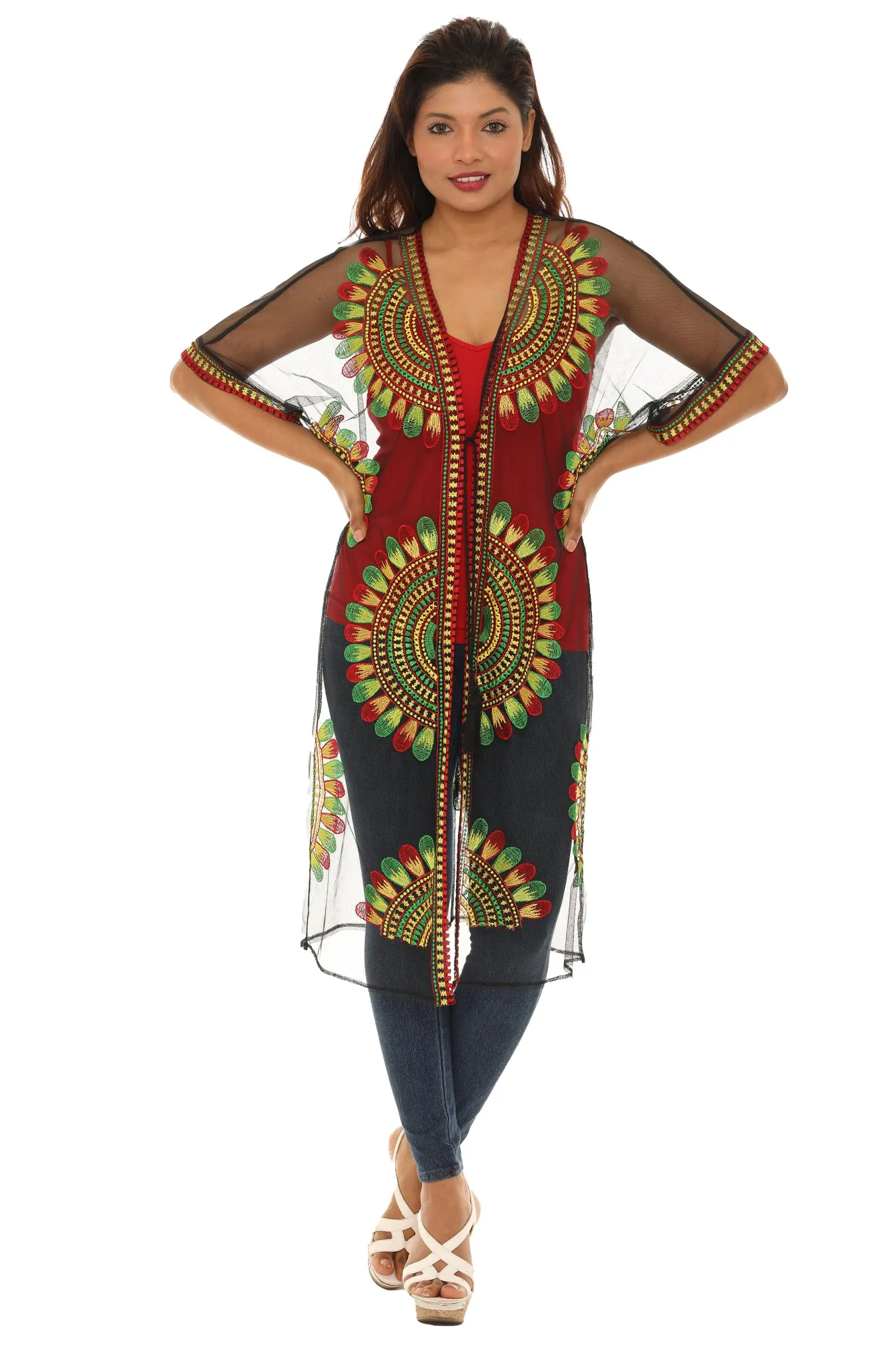 Women’s Sheer Mesh Floral Rasta Embroidered Long Beach Duster