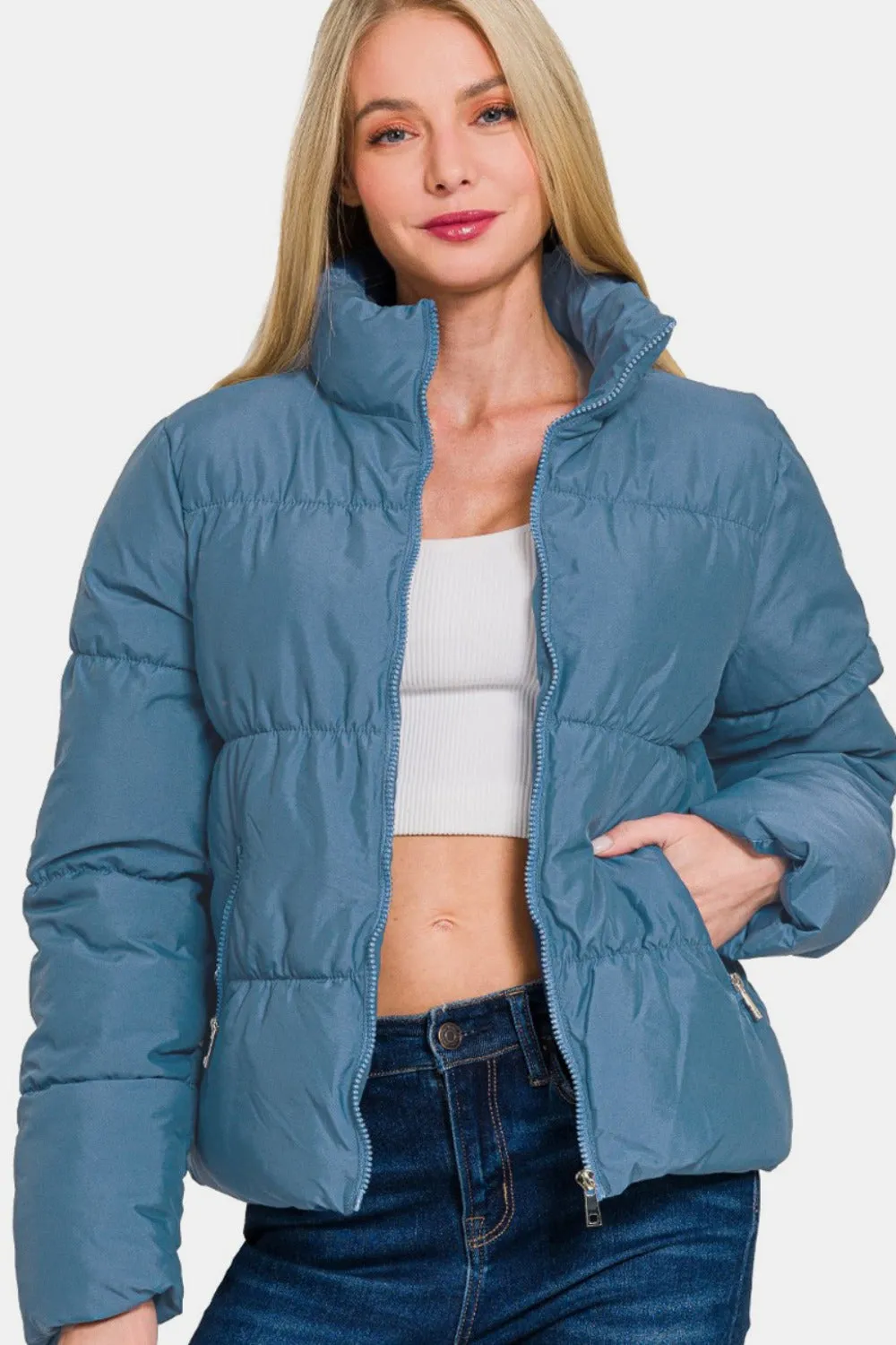 Zenana Dusty Blue  Zip Up Turtleneck Puffer Jacket with Pockets