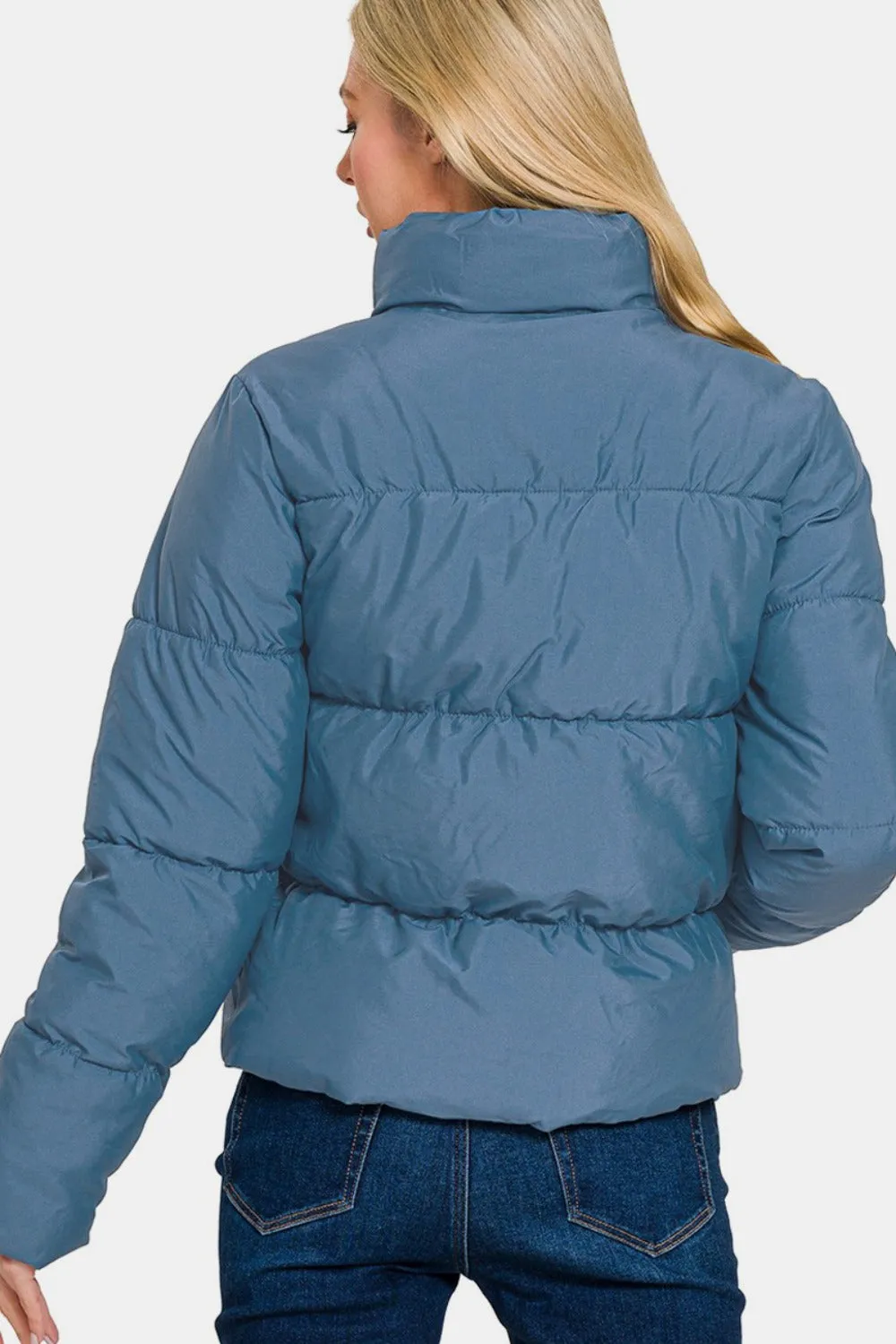 Zenana Dusty Blue  Zip Up Turtleneck Puffer Jacket with Pockets
