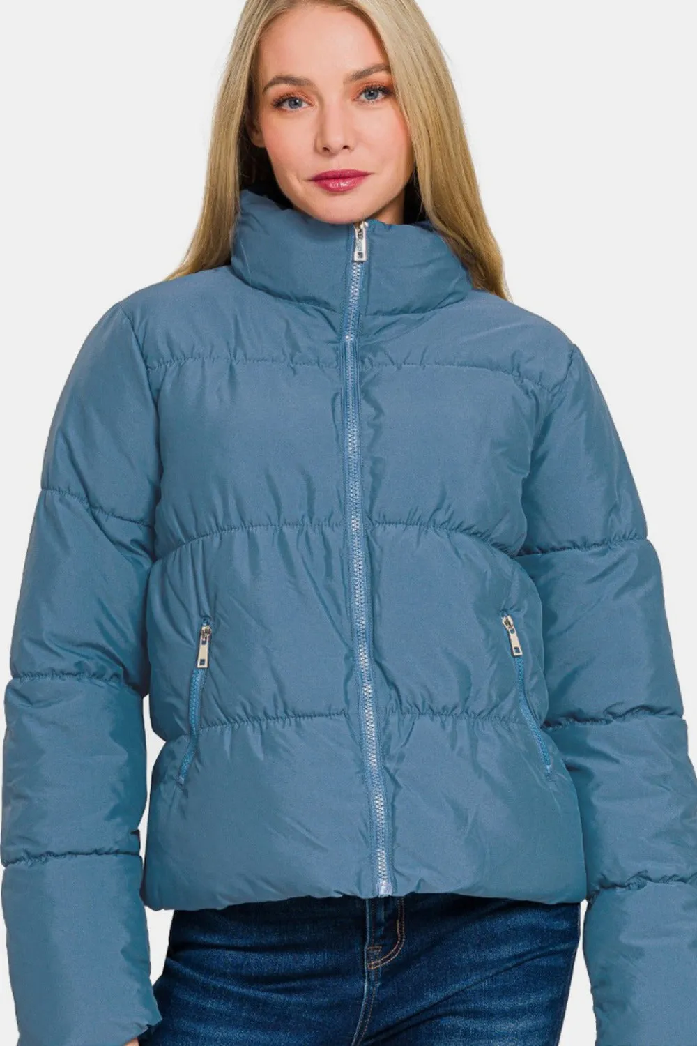 Zenana Dusty Blue  Zip Up Turtleneck Puffer Jacket with Pockets