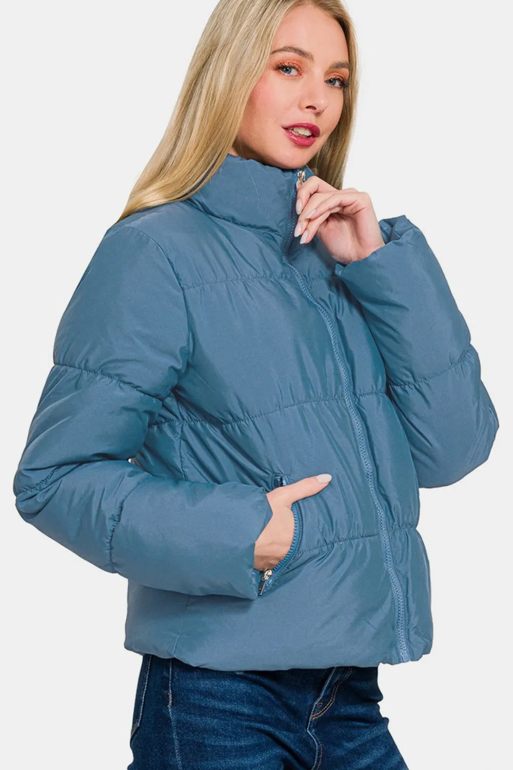 Zenana Dusty Blue  Zip Up Turtleneck Puffer Jacket with Pockets